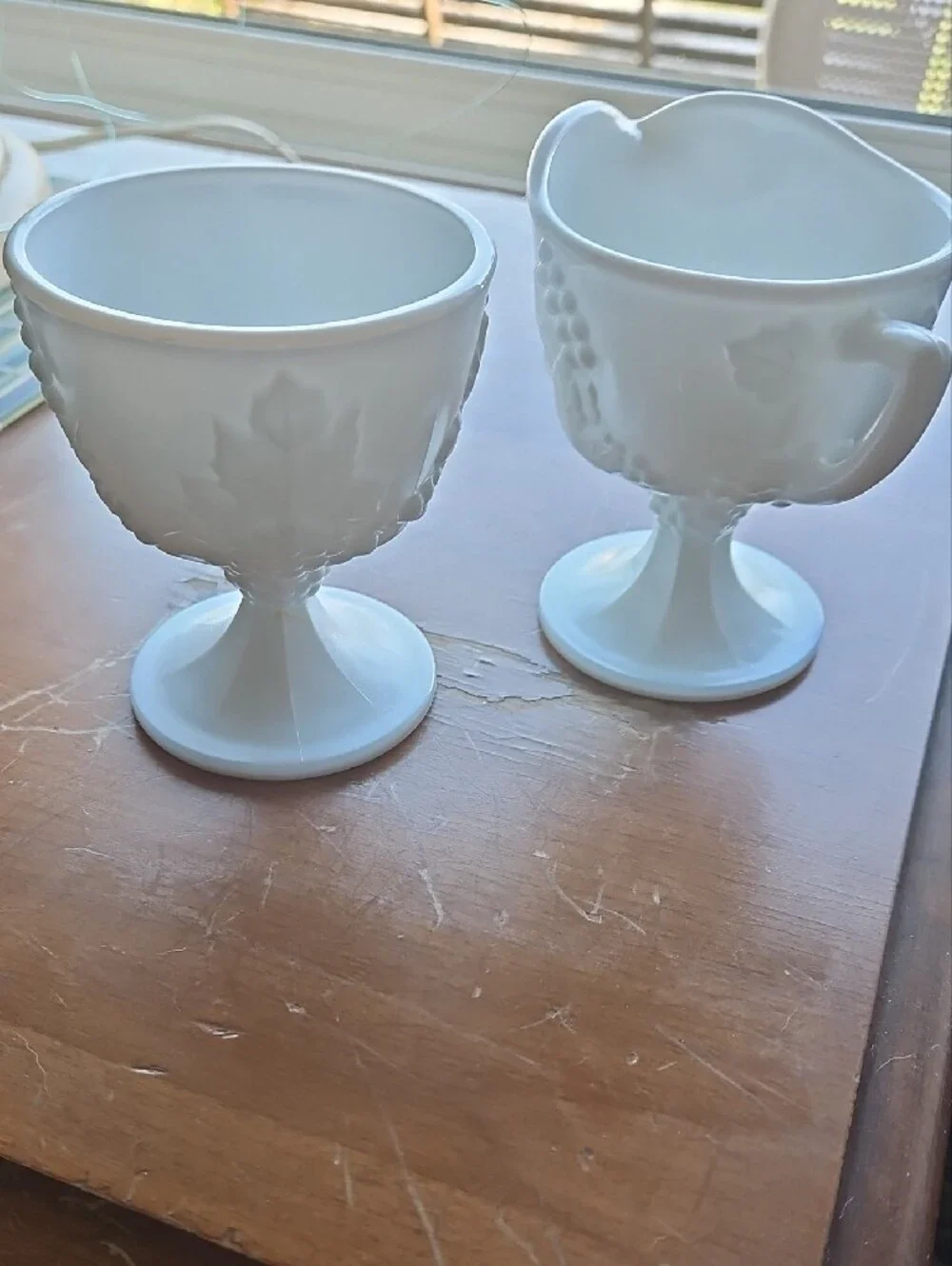 Indiana Harvest Grape Milk Glass Pedestal Creamer and Sugar Set